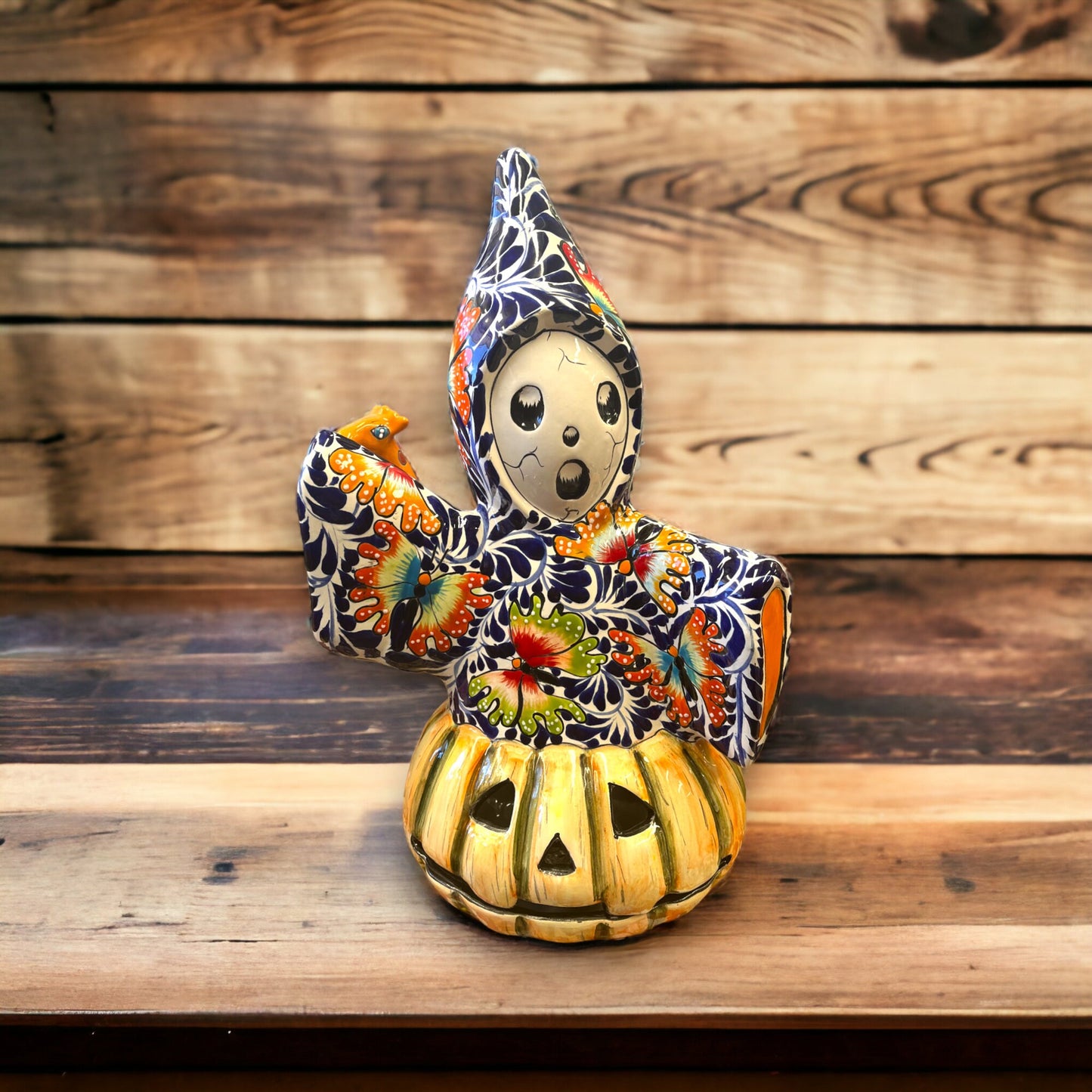 Talavera Pumpkin Ghost Statue | Handmade Halloween Decor