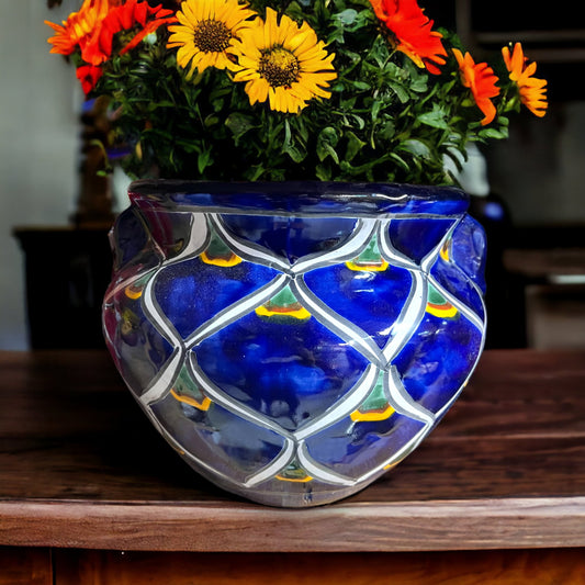 Artisan Hand-Painted Talavera Flower Pot | Blue Peacock Decor Planter