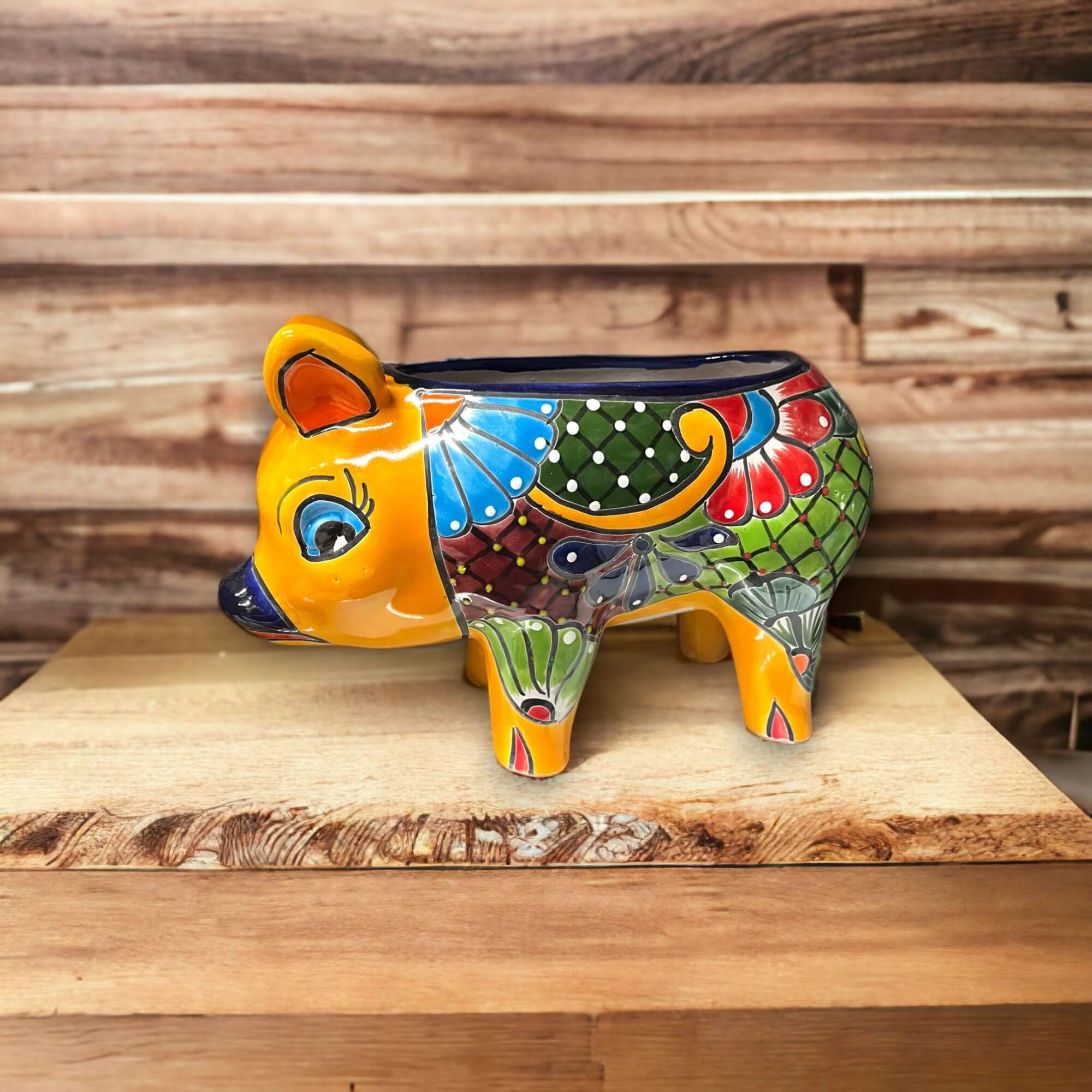 Colorful Mexican Talavera Pig Planter - Medium