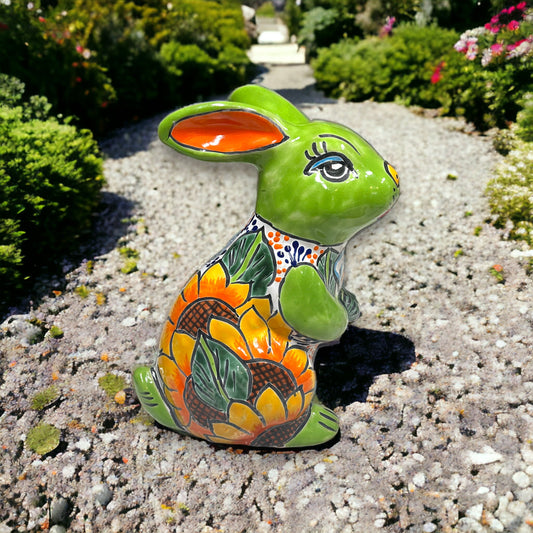 Colorful Handmade Talavera Bunny Statue | Mexican Rabbit Folk Art