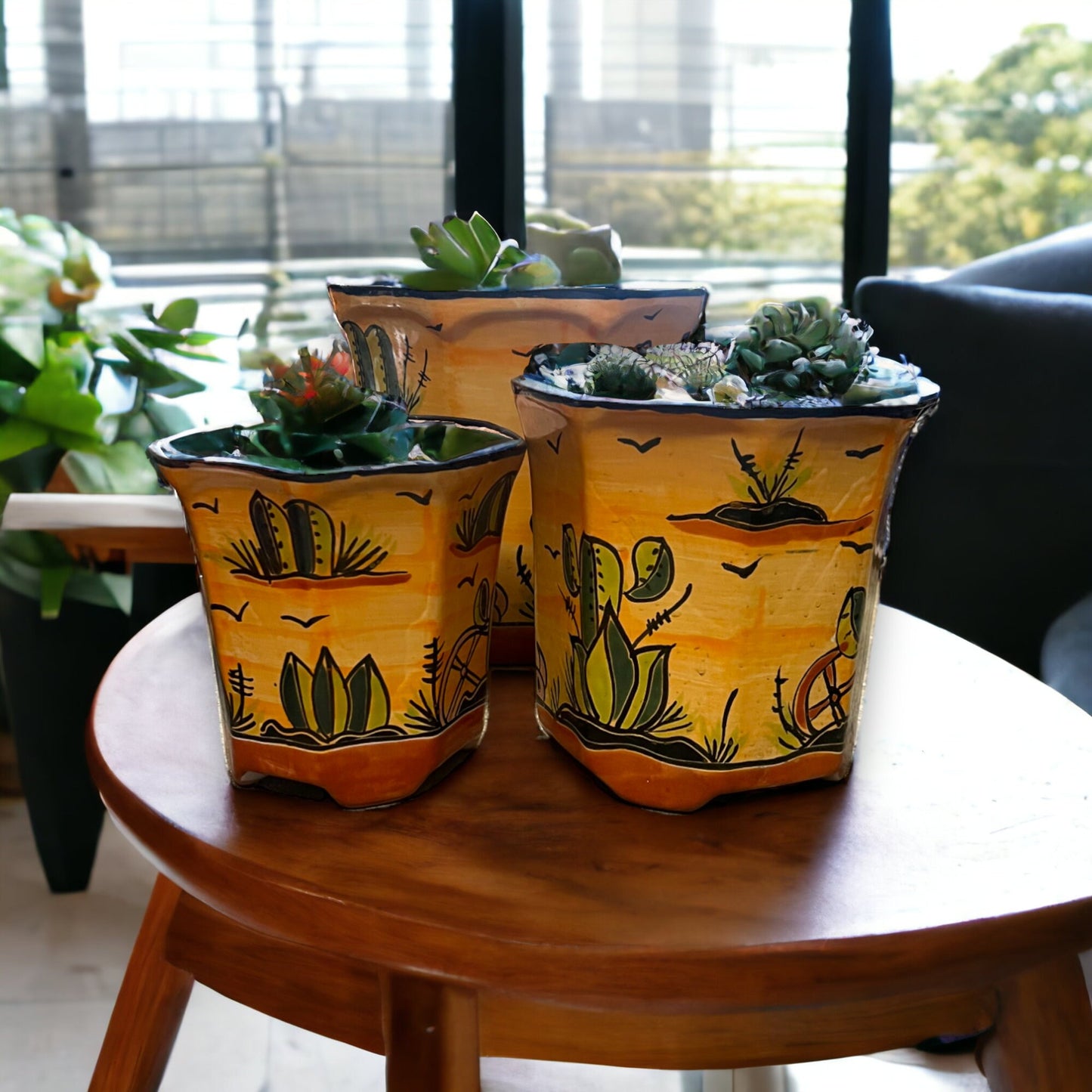 Set of 3 Vibrant Talavera Planters | Hand-Painted Desert Landscape Pottery