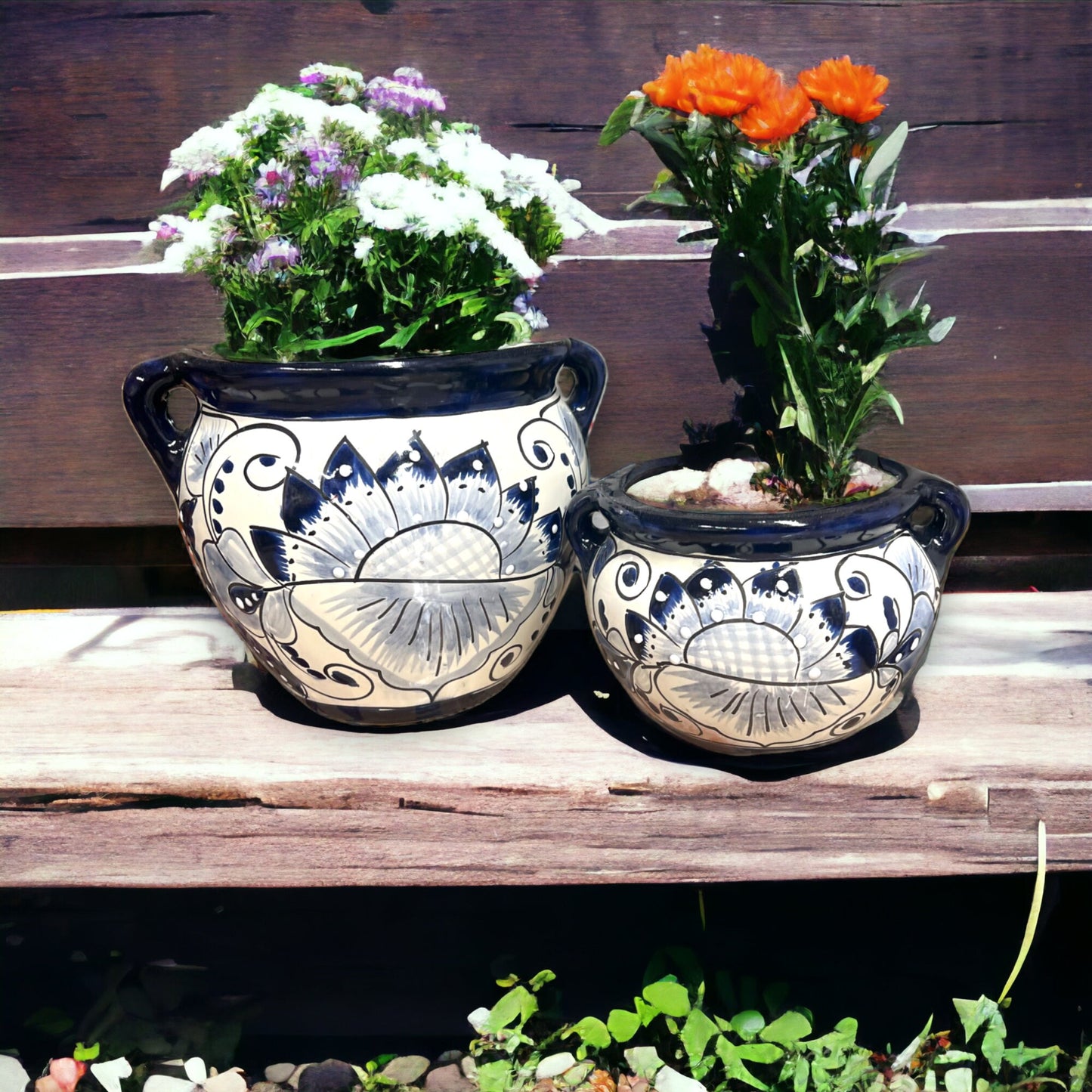 Set of 3 Talavera Round Planters | Hand-Painted Blue and White Design