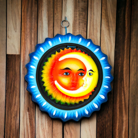 Vibrant Talavera Sun and Moon Eclipse Art | Handcrafted Terracotta Wall Decor