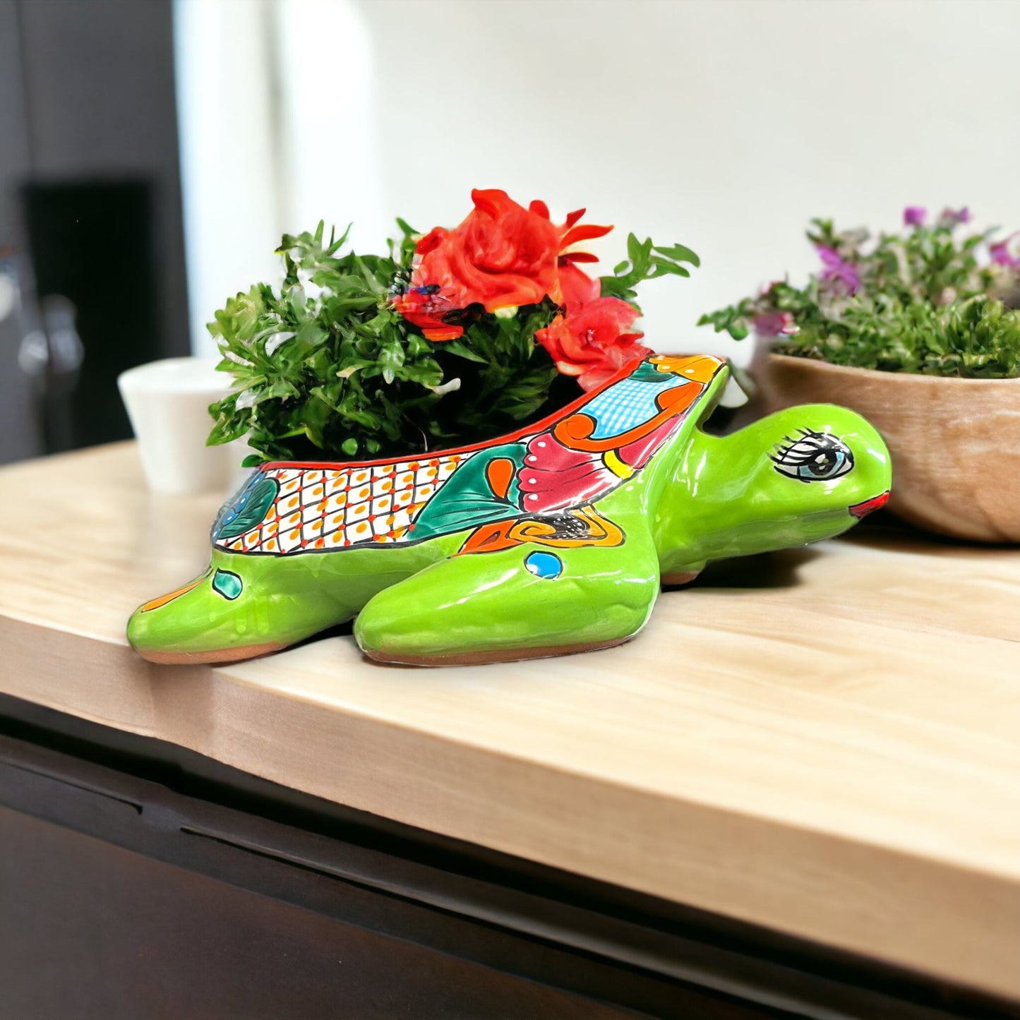 Vibrant Talavera Sea Turtle Planter | Hand-Painted Mexican Ceramic Succulent Holder (XL)