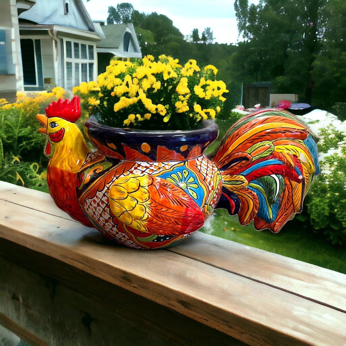 Colorful Talavera Rooster Planter | Handcrafted Mexican Pottery (12" Wide)