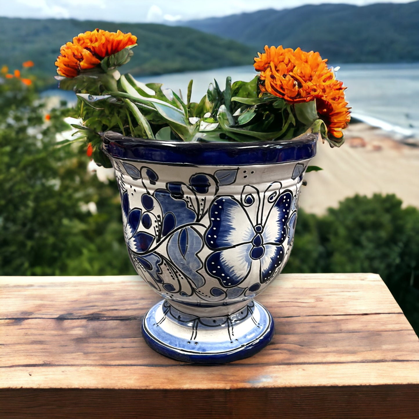 Set of 3 Talavera Pedestal Planters: Handcrafted Blue & White Patterns