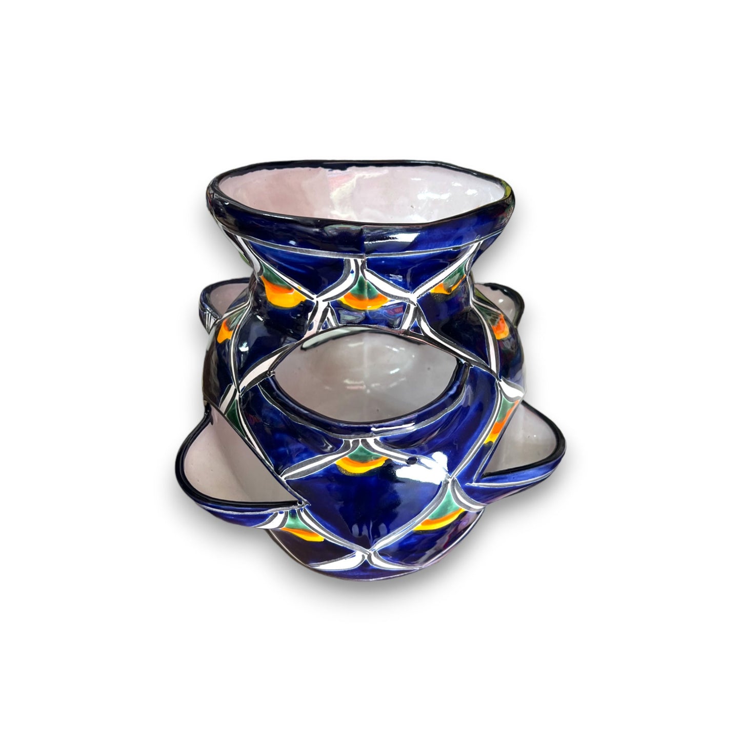 Talavera Strawberry Planter | Hand-Painted Blue Peacock Design