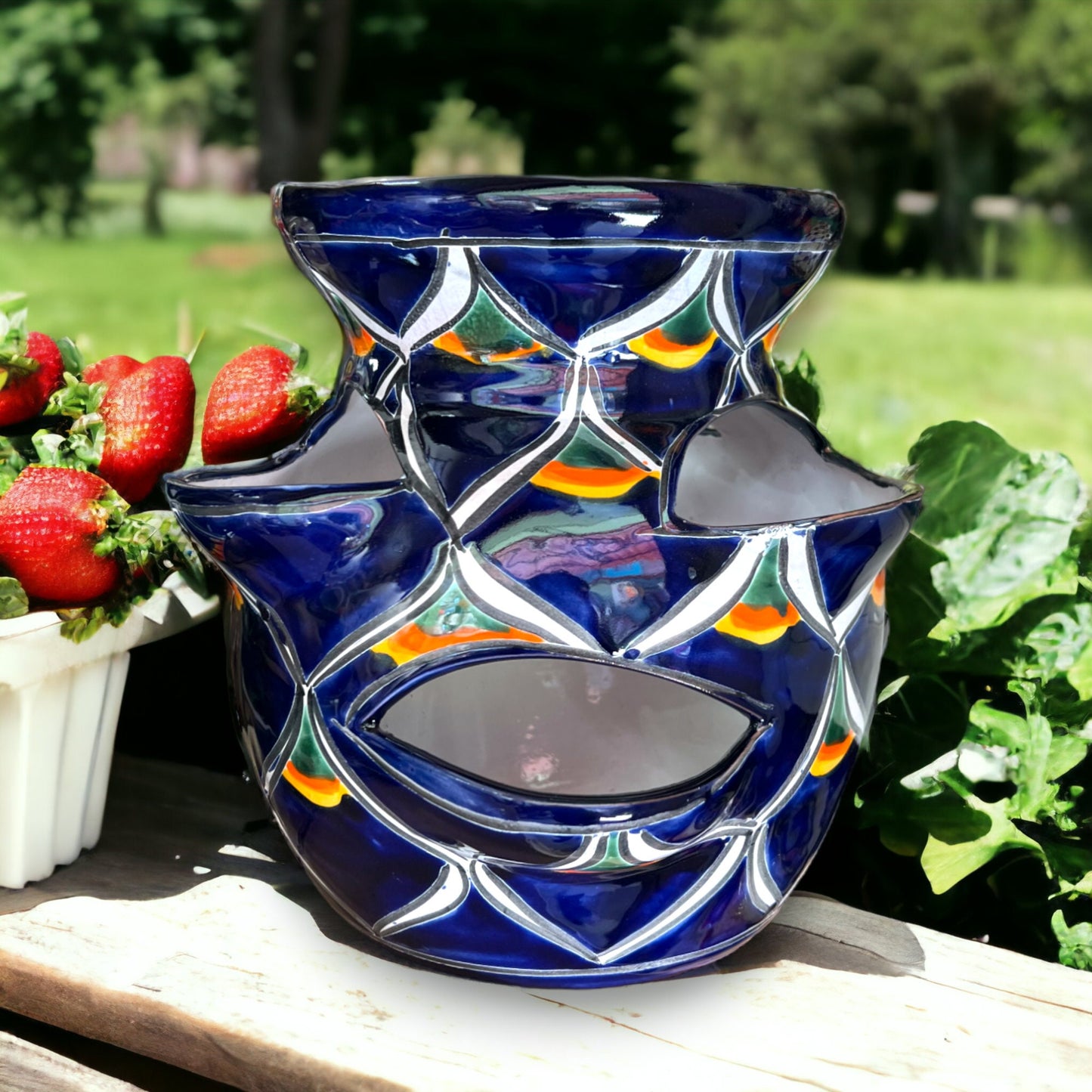 Talavera Strawberry Planter | Hand-Painted Blue Peacock Design