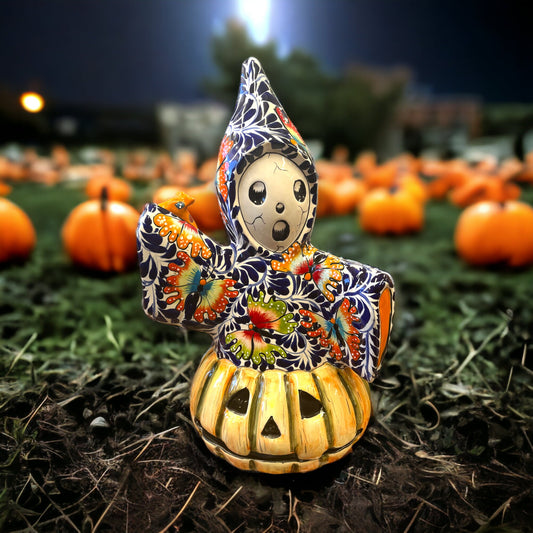 Talavera Pumpkin Ghost Statue | Handmade Halloween Decor