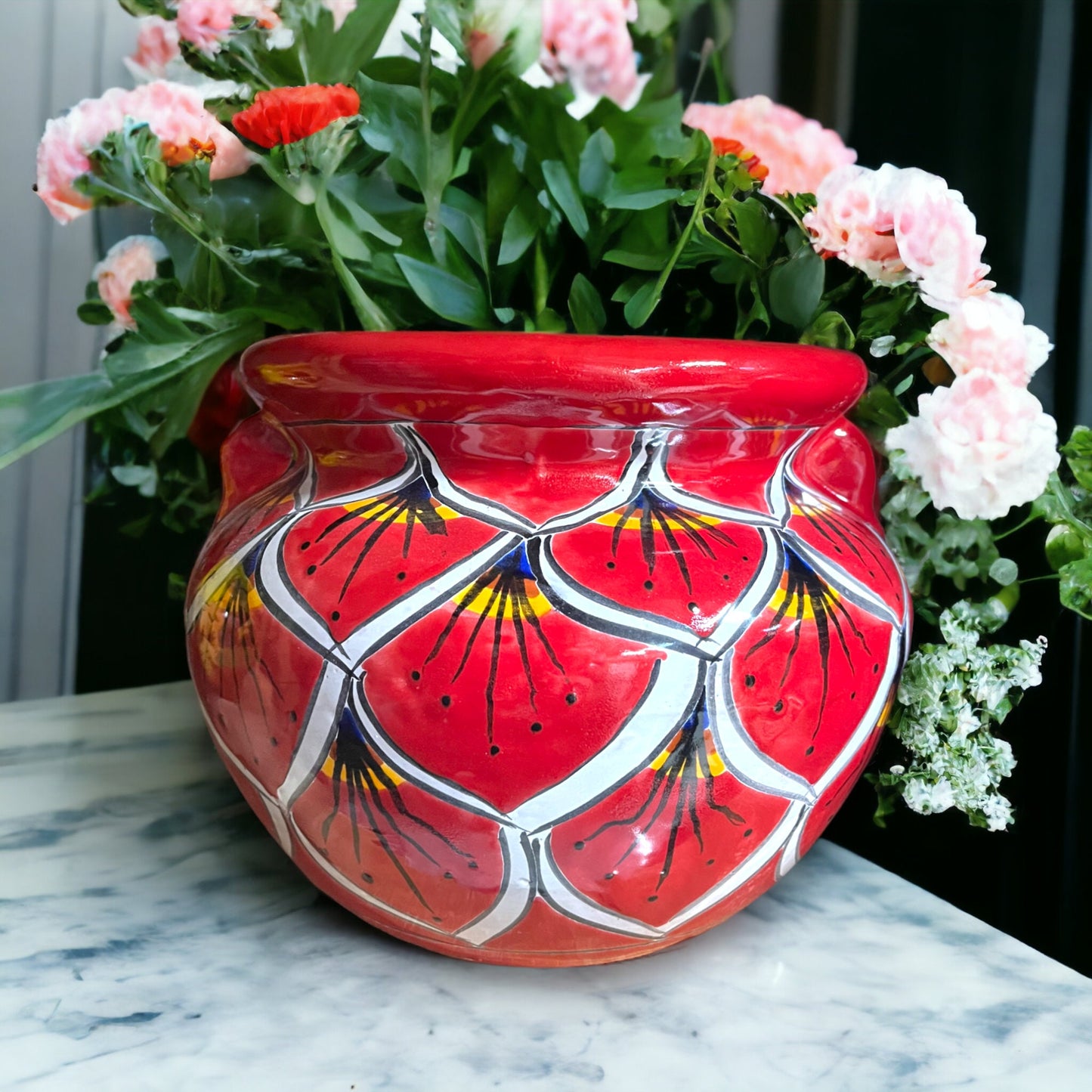 Hand-Painted Talavera Flower Pot | Artisan-Crafted Red Peacock Decor Planter