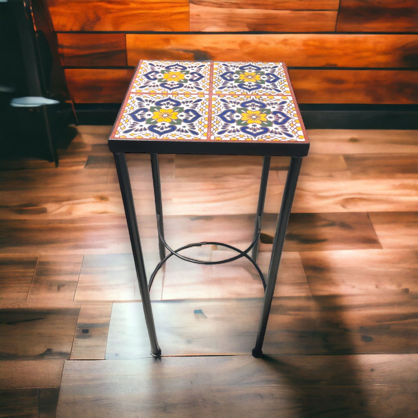 Handmade Mexican Accent End Table | Colorful Talavera Tile and Metal Design 12" Wide