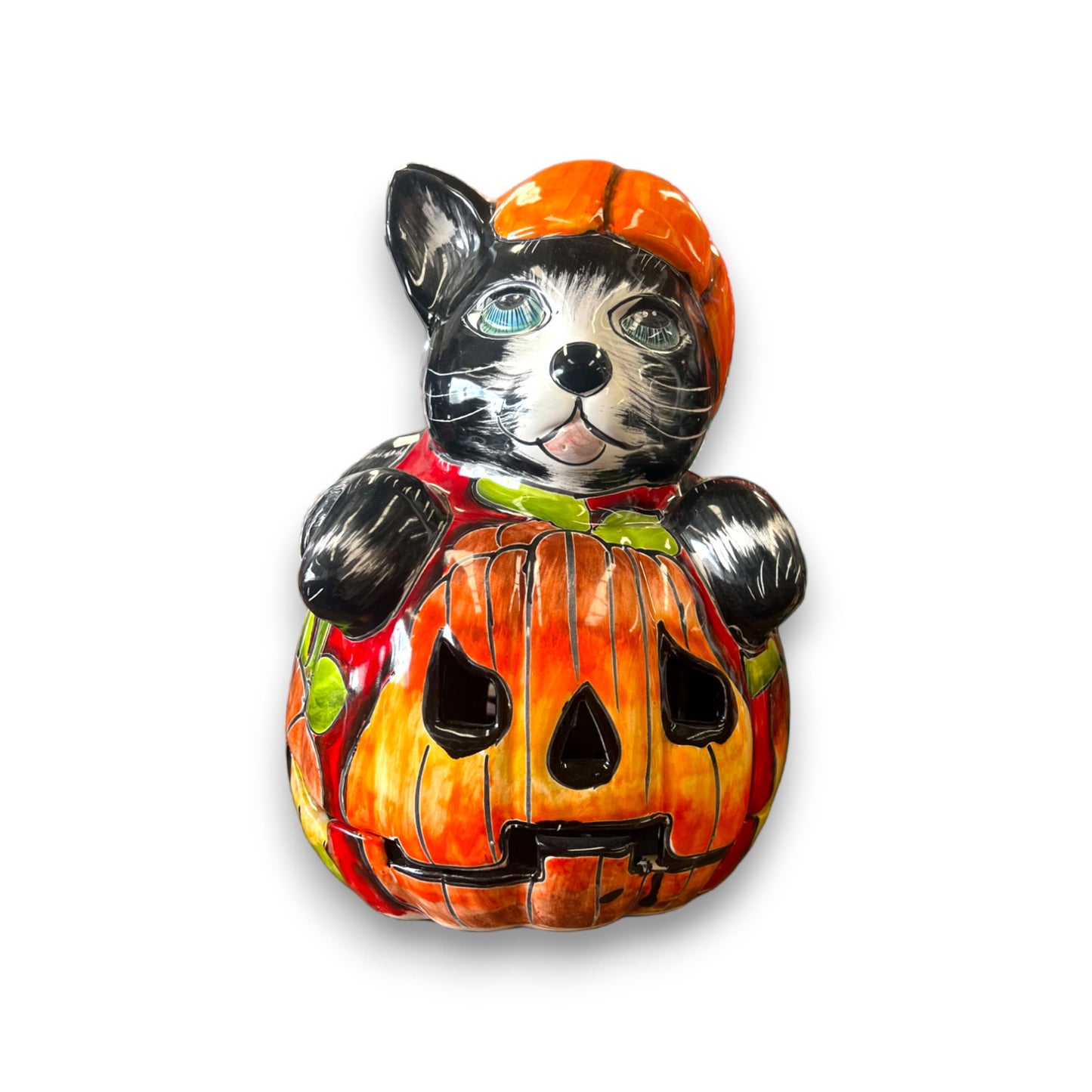 Handcrafted Talavera Wolf and Pumpkin Statue | Charming Halloween Decor