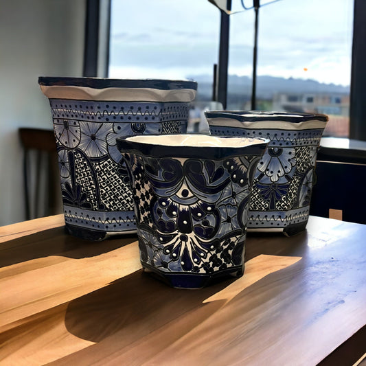 Set of 3 Colorful Talavera Planters | Hand-Painted Blue & White Mexican Pottery