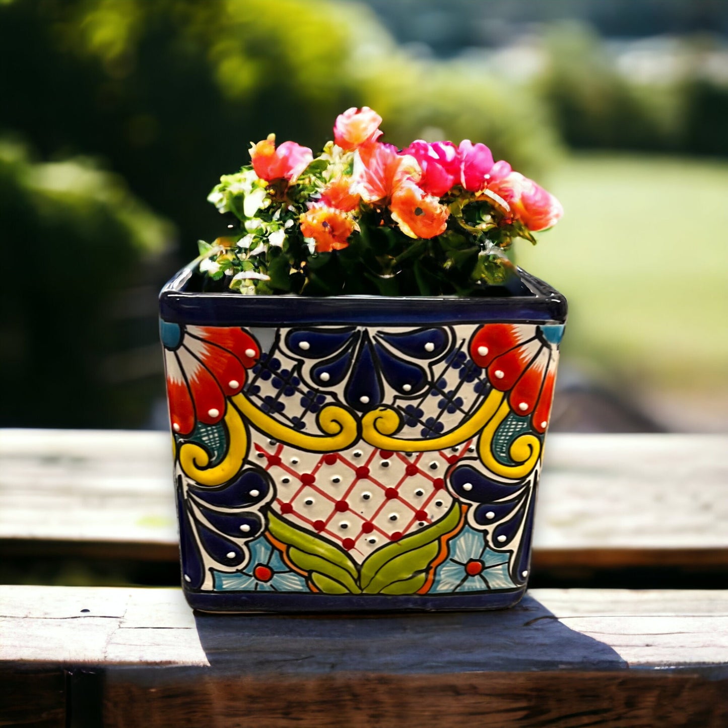 Set of 3 Hand-Painted Talavera Square Planters Set | Colorful Floral Pots