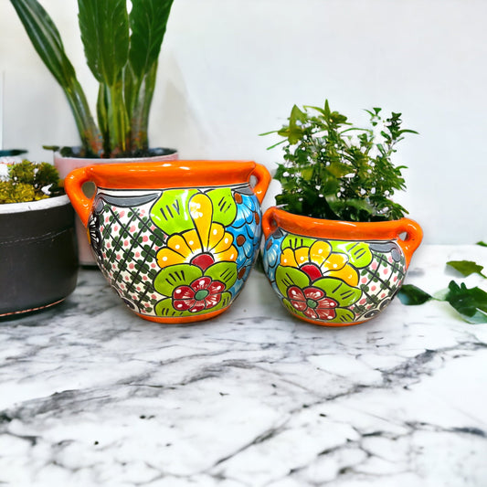 Set of 3 Hand-Painted Talavera Floral Planters | Colorful Medium-Sized Pots