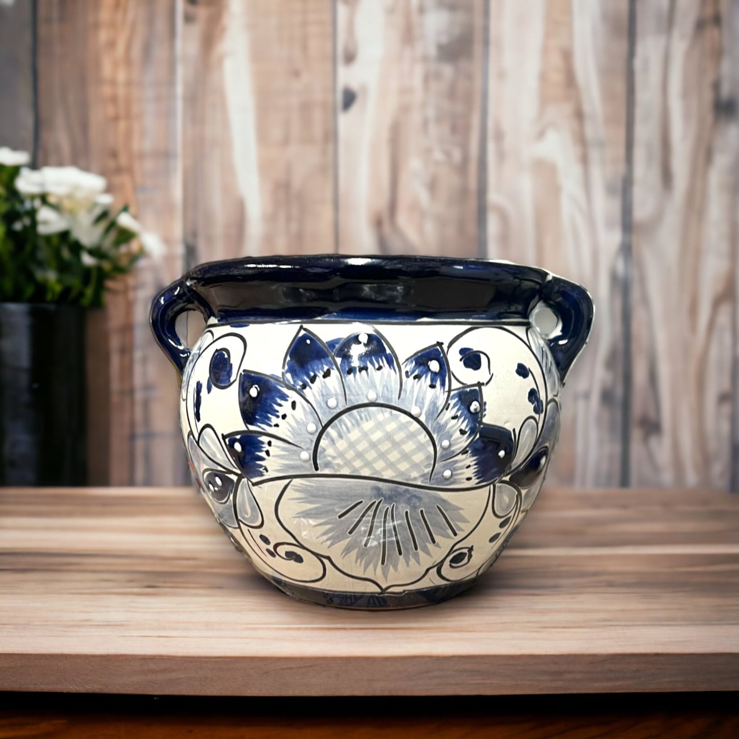 Set of 3 Talavera Round Planters | Hand-Painted Blue and White Design