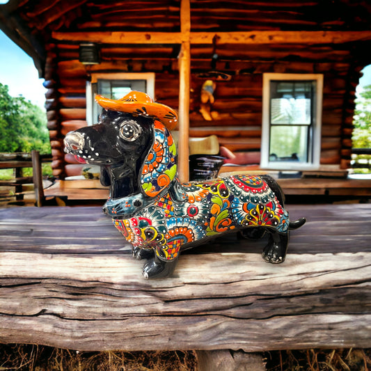 Handmade Talavera Dachshund Statue | Colorful Hand Painted Pottery (Medium)