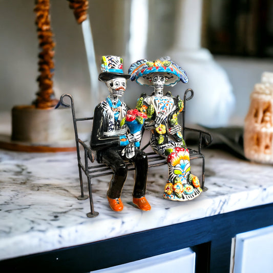 Talavera Skeleton Couple on a Bench | Handmade Day of the Dead Pottery (Medium)