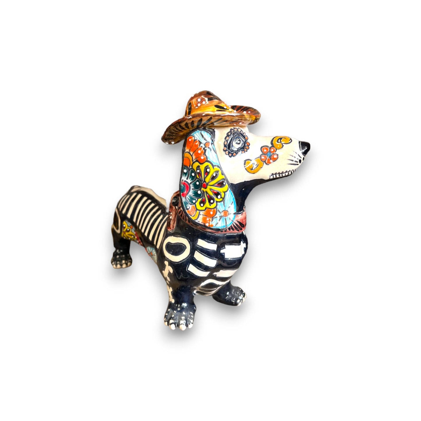 Handmade Talavera Dachshund Statue | Day of the Dead Pottery (Medium)