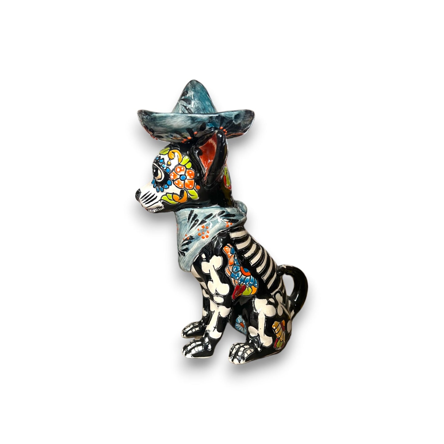 Handcrafted Talavera Chihuahua Statue | Mexican Day of the Dead Pottery (Medium)