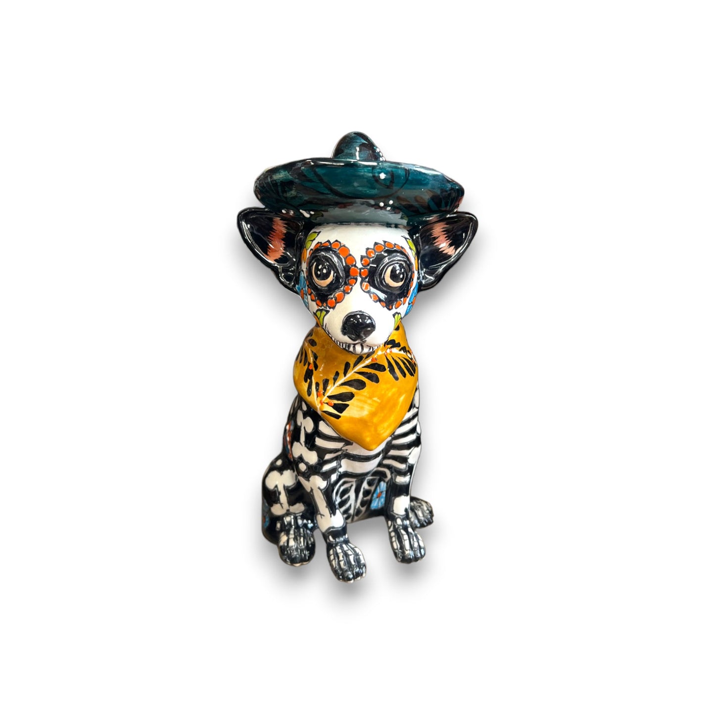 Handcrafted Talavera Chihuahua Statue | Mexican Day of the Dead Pottery (Medium)