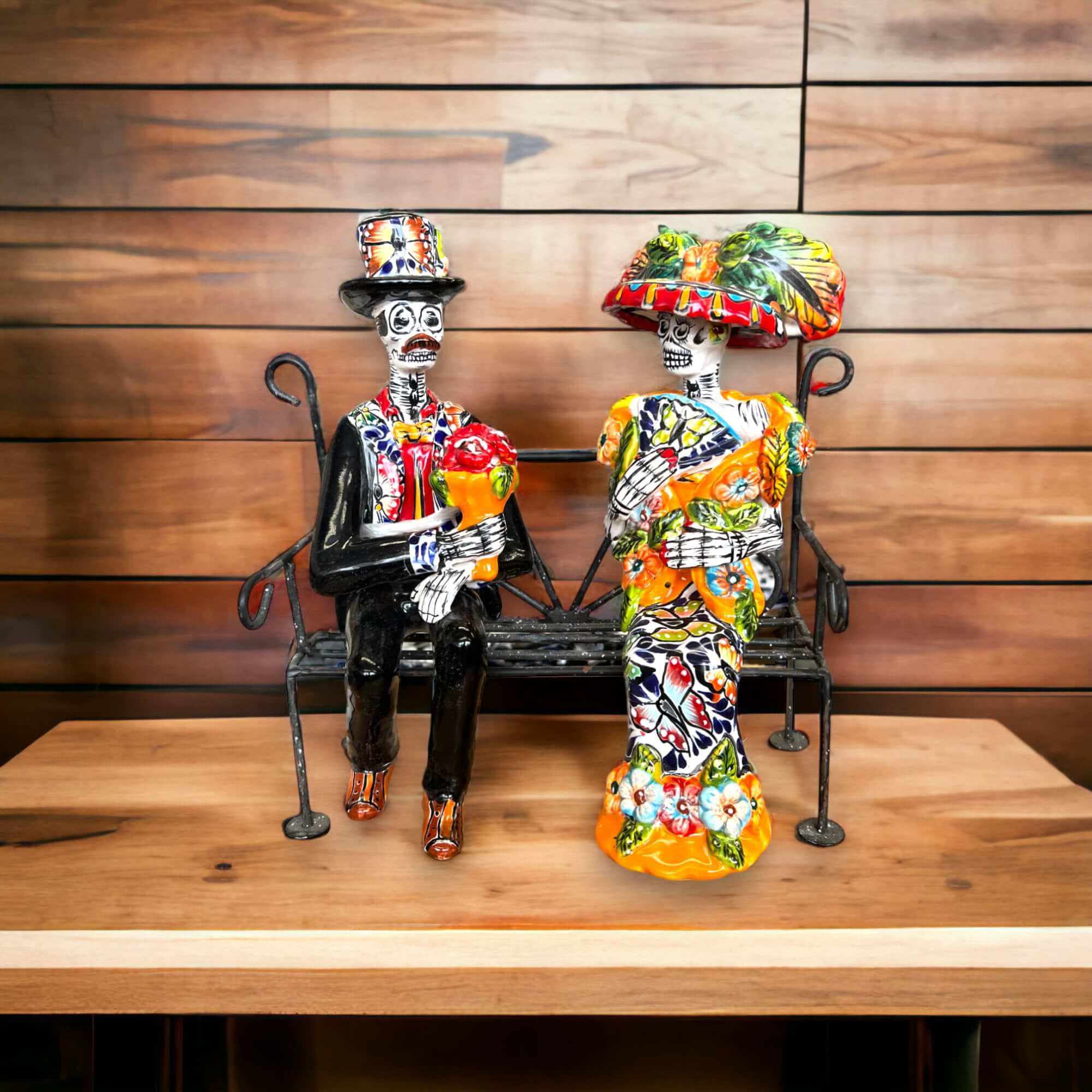 Talavera Skeleton Couple on Bench, Medium