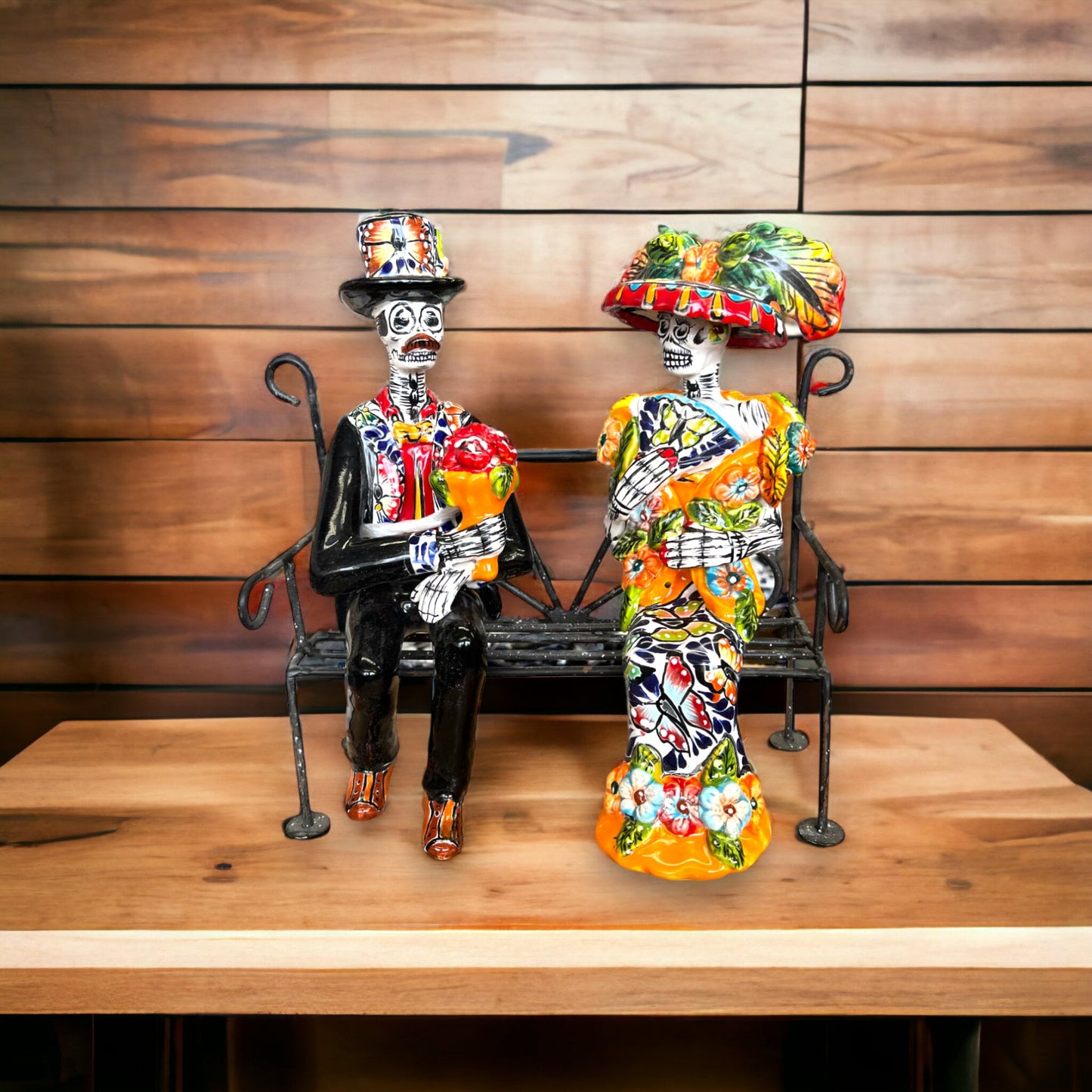 Talavera Skeleton Couple on a Bench | Handmade Day of the Dead Pottery (Medium)