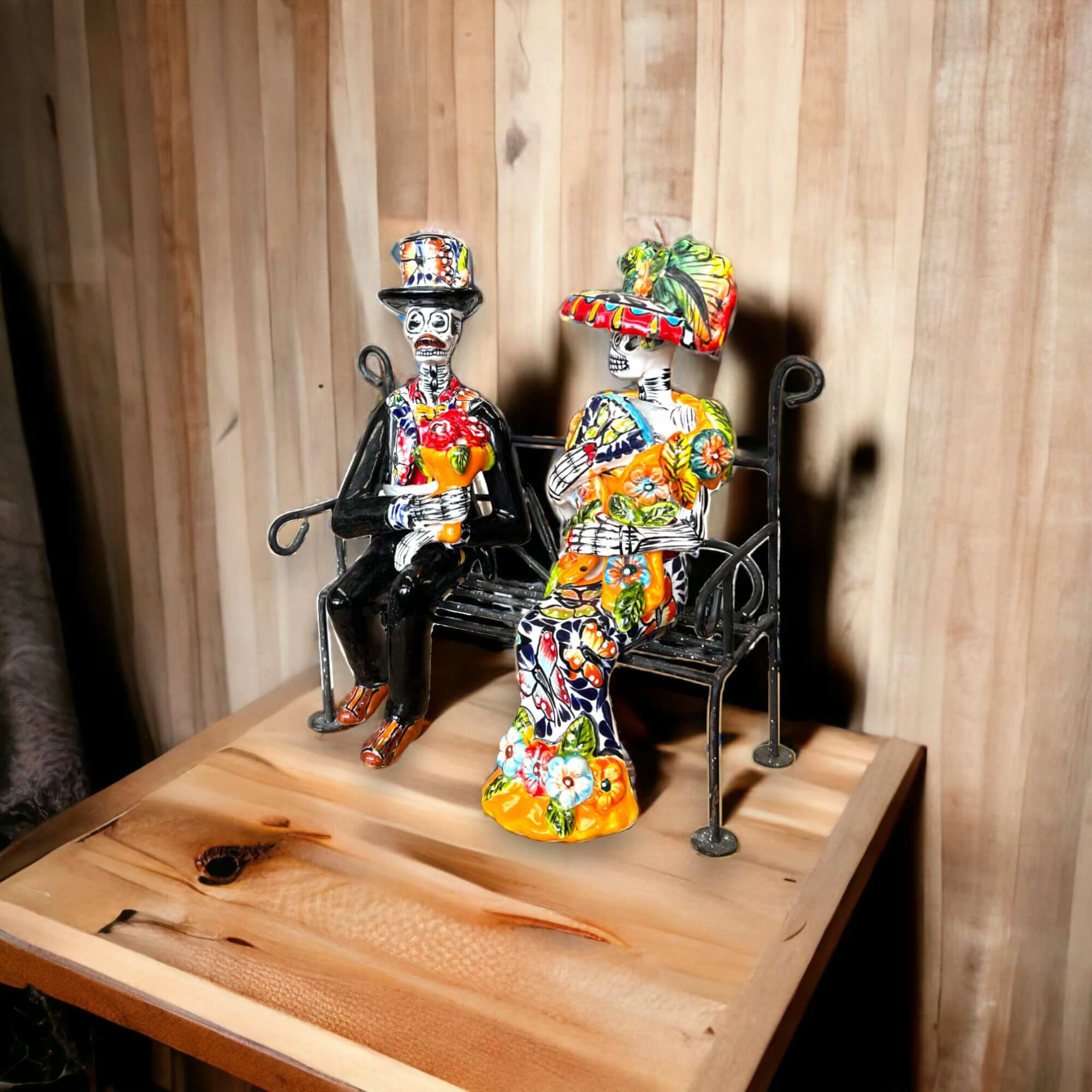 Talavera Skeleton Couple on Bench, Medium