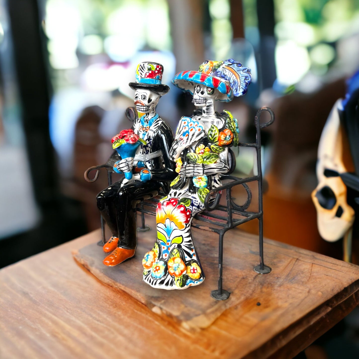 Talavera Skeleton Couple on a Bench | Handmade Day of the Dead Pottery (Medium)