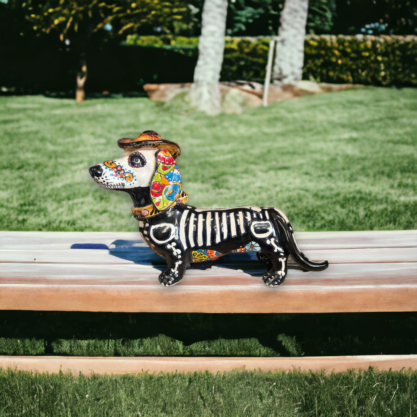 Handmade Talavera Dachshund Statue | Day of the Dead Pottery (Medium)