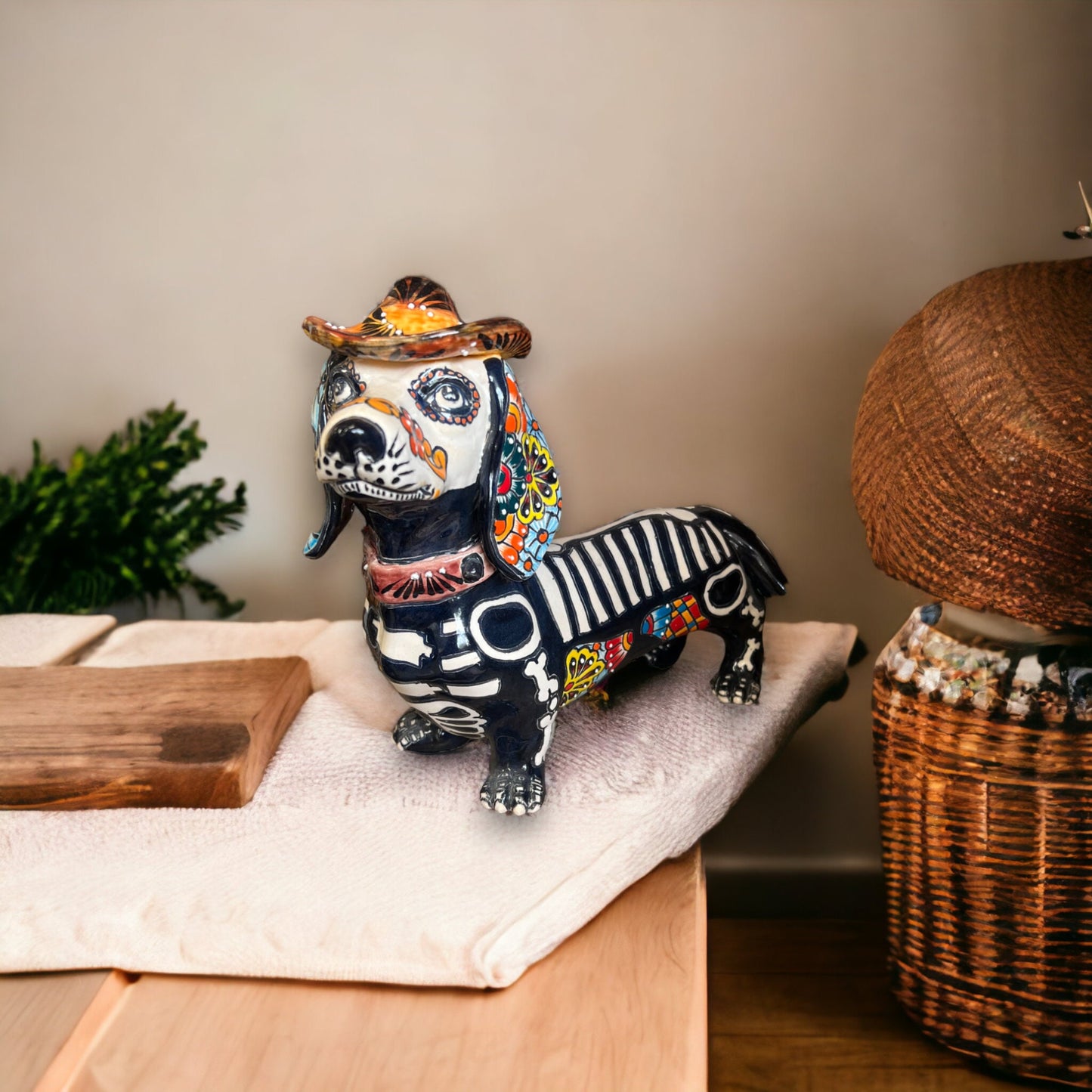 Handmade Talavera Dachshund Statue | Day of the Dead Pottery (Medium)