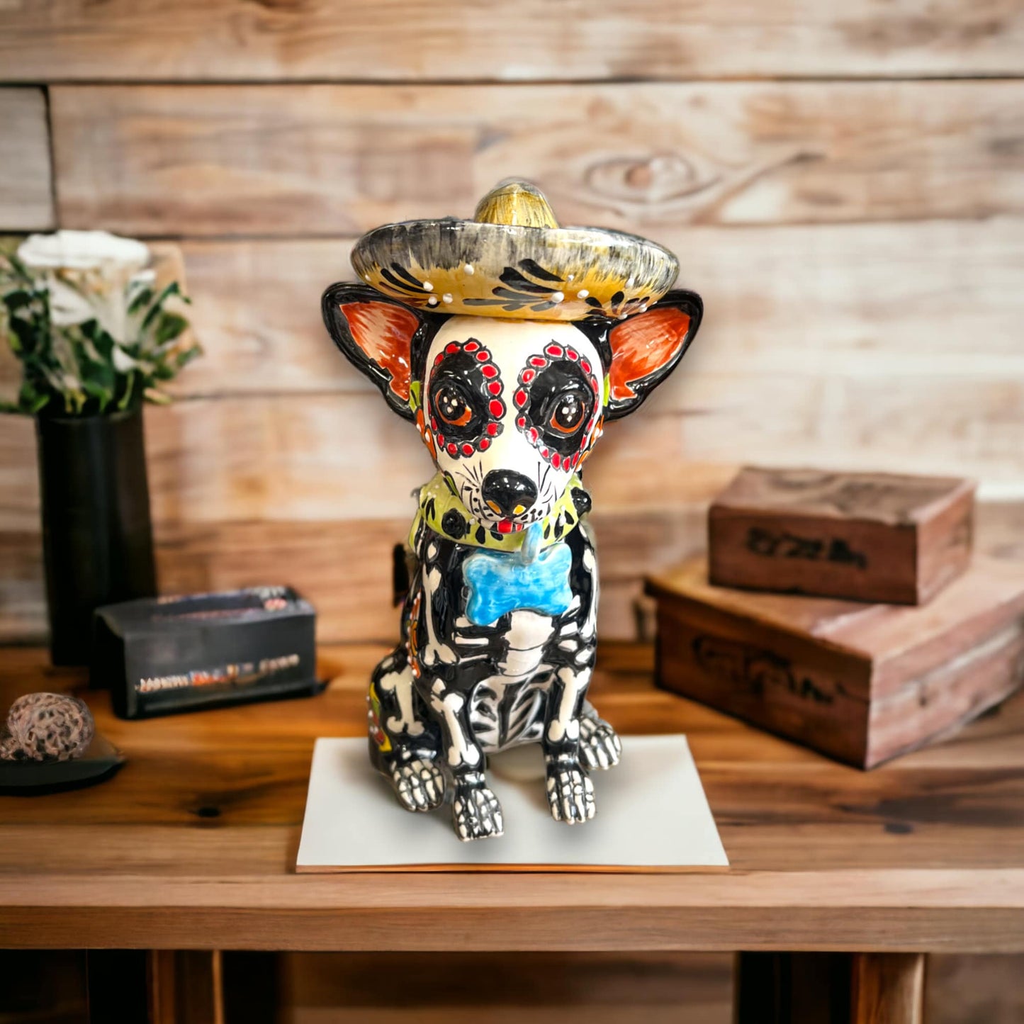 Handcrafted Talavera Chihuahua Statue | Mexican Day of the Dead Pottery (Medium)