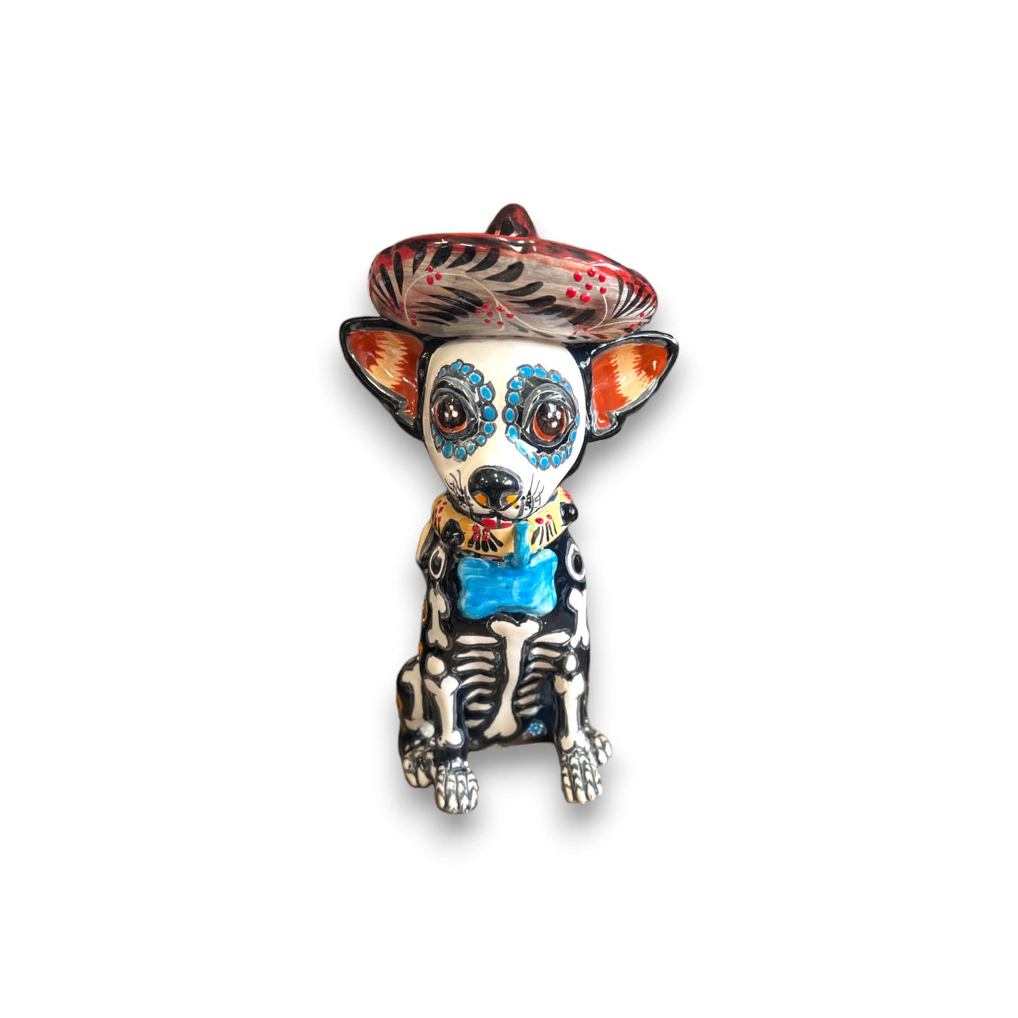 Handcrafted Talavera Chihuahua Statue | Mexican Day of the Dead Pottery (Medium)