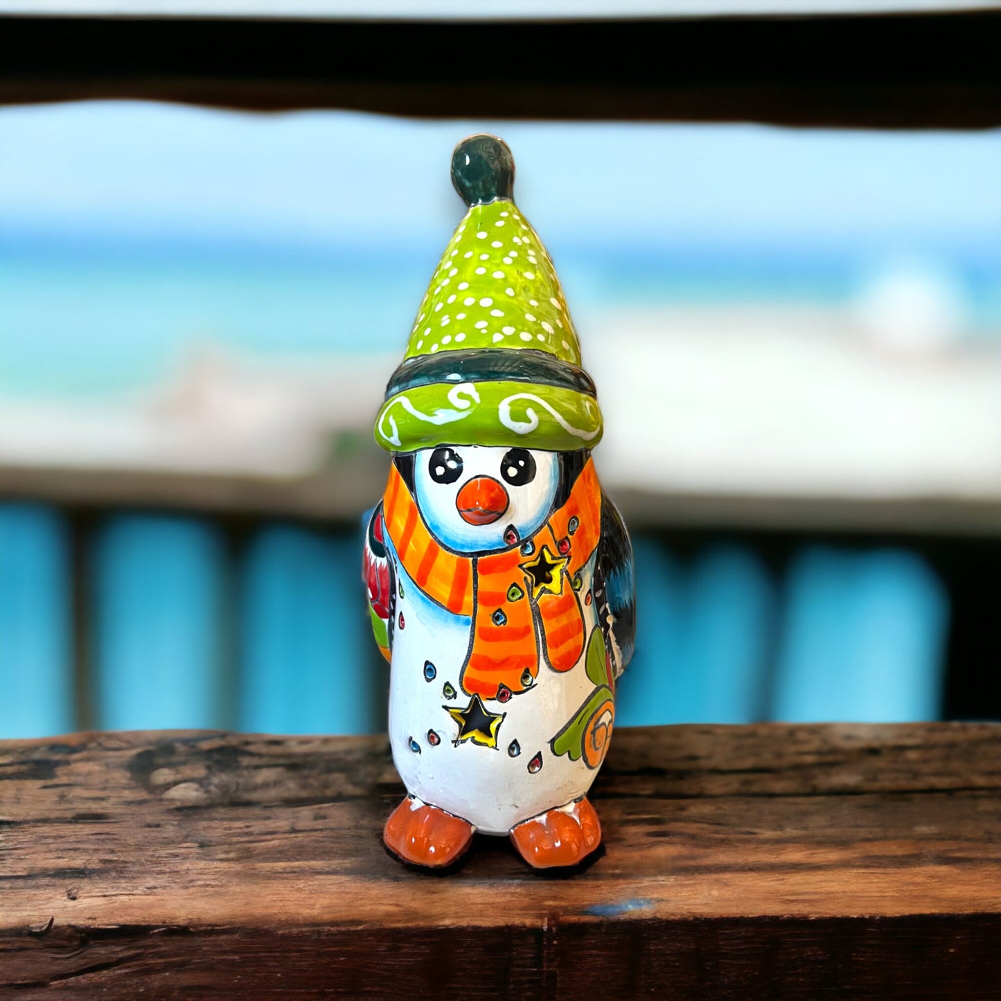 Hand-Painted Talavera Penguin Statue | Festive Christmas Decor (Medium)