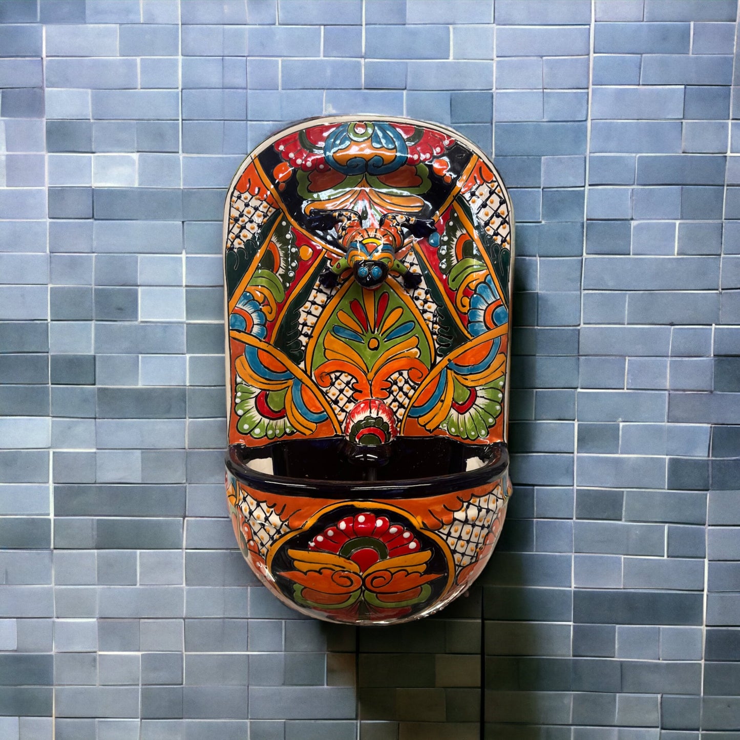 Authentic Handmade Talavera Wall Fountain | Mexican Art Decor (21"x13")