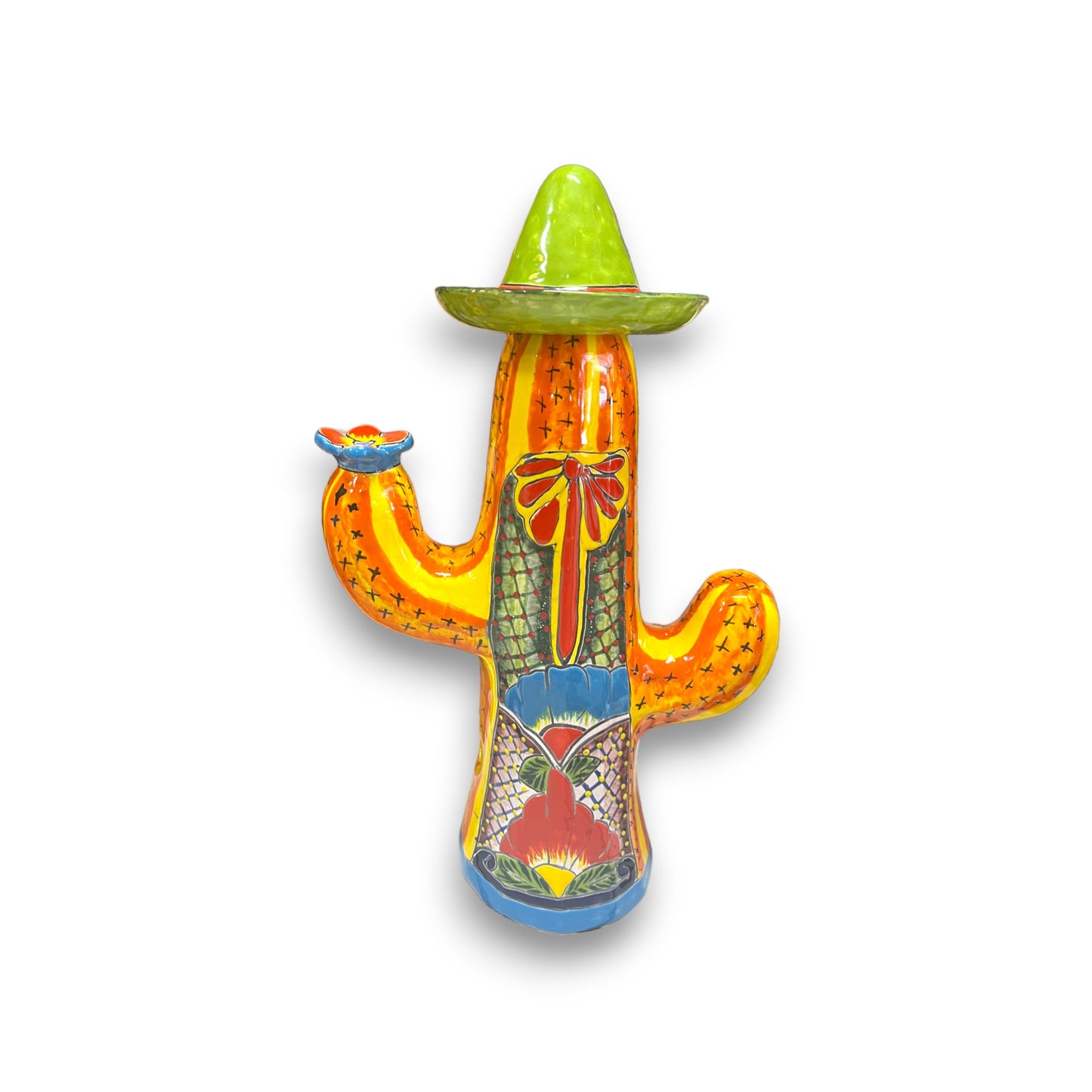 Handcrafted Talavera Cactus with Sombrero Statue | Medium-Sized Colorful Mexican Cultural Art