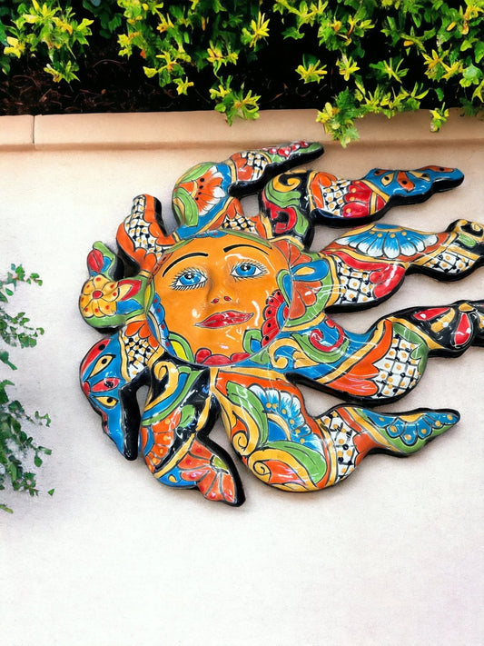 Vibrant Talavera Sun Face Wall Art | Handmade Mexican Ceramic (17"x22")