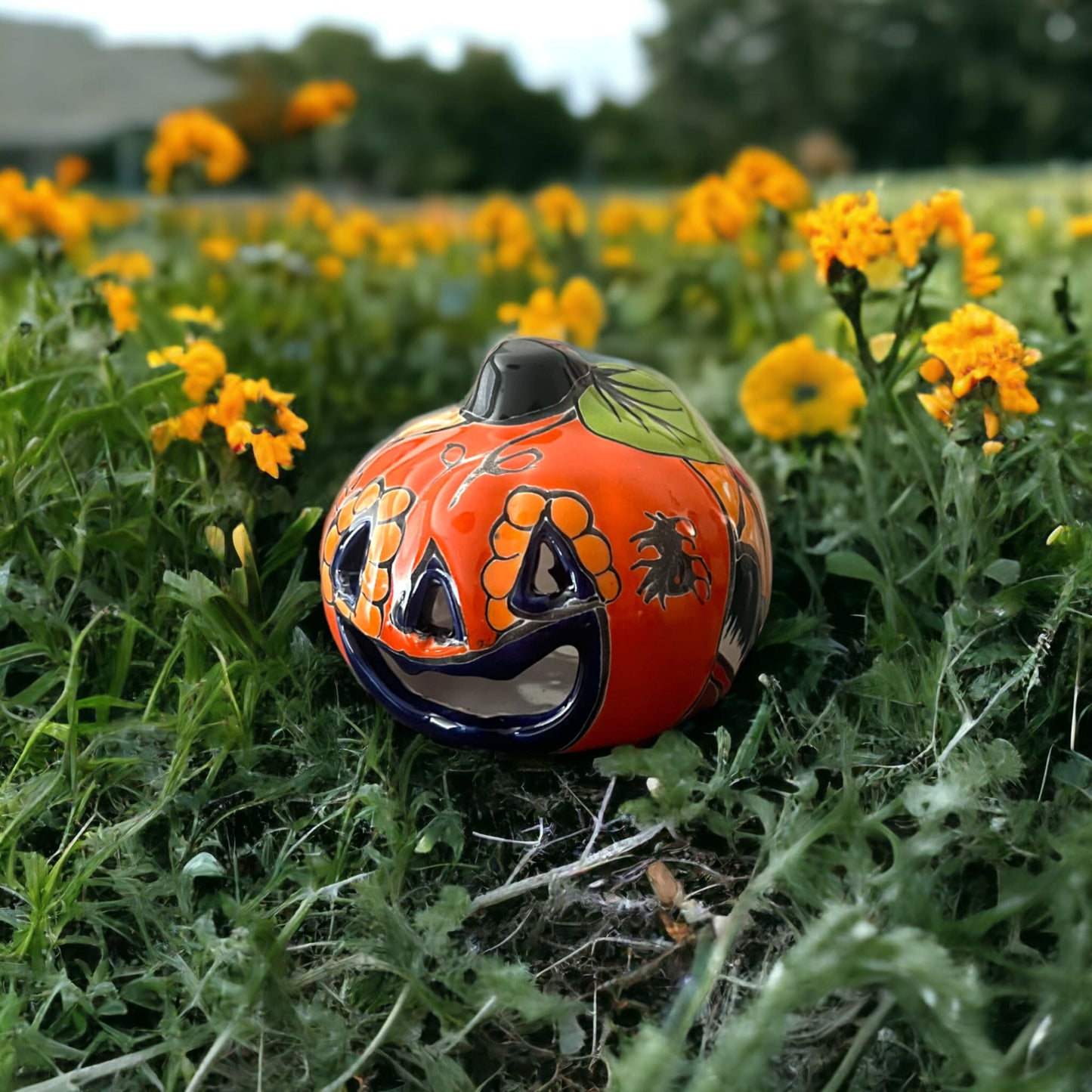 Colorful Talavera Pumpkin - Handmade Mexican Jack-o'-Lantern