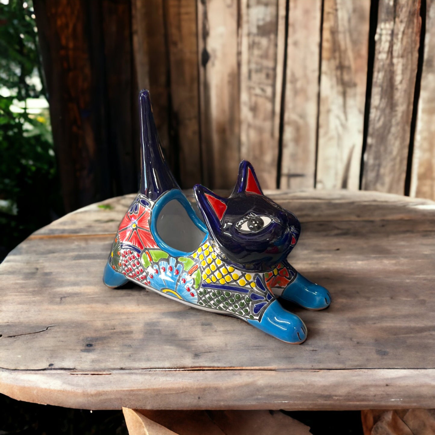 Colorful Talavera Stretching Cat Planter | Small Handcrafted Animal Art