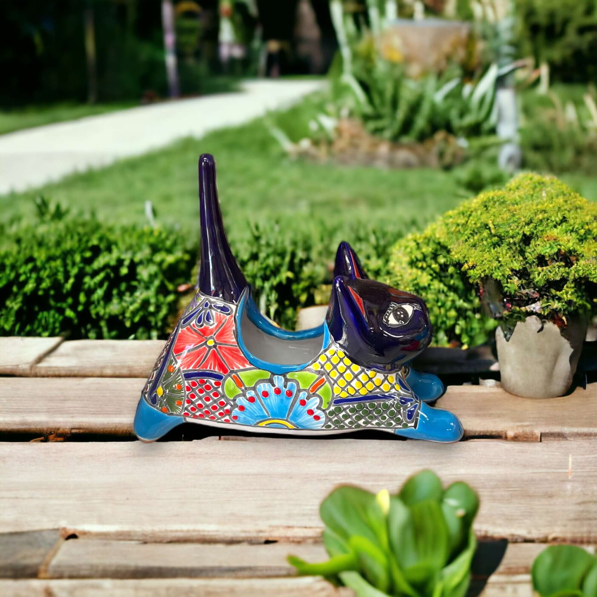 Colorful Talavera Cat Planter | Handcrafted Art