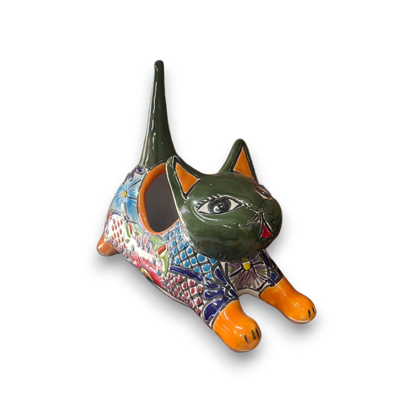 Colorful Talavera Stretching Cat Planter | Small Handcrafted Animal Art