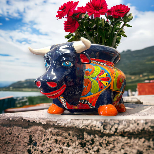 Colorful Talavera Bull Planter | Handcrafted Mexican Pottery (12" Wide)