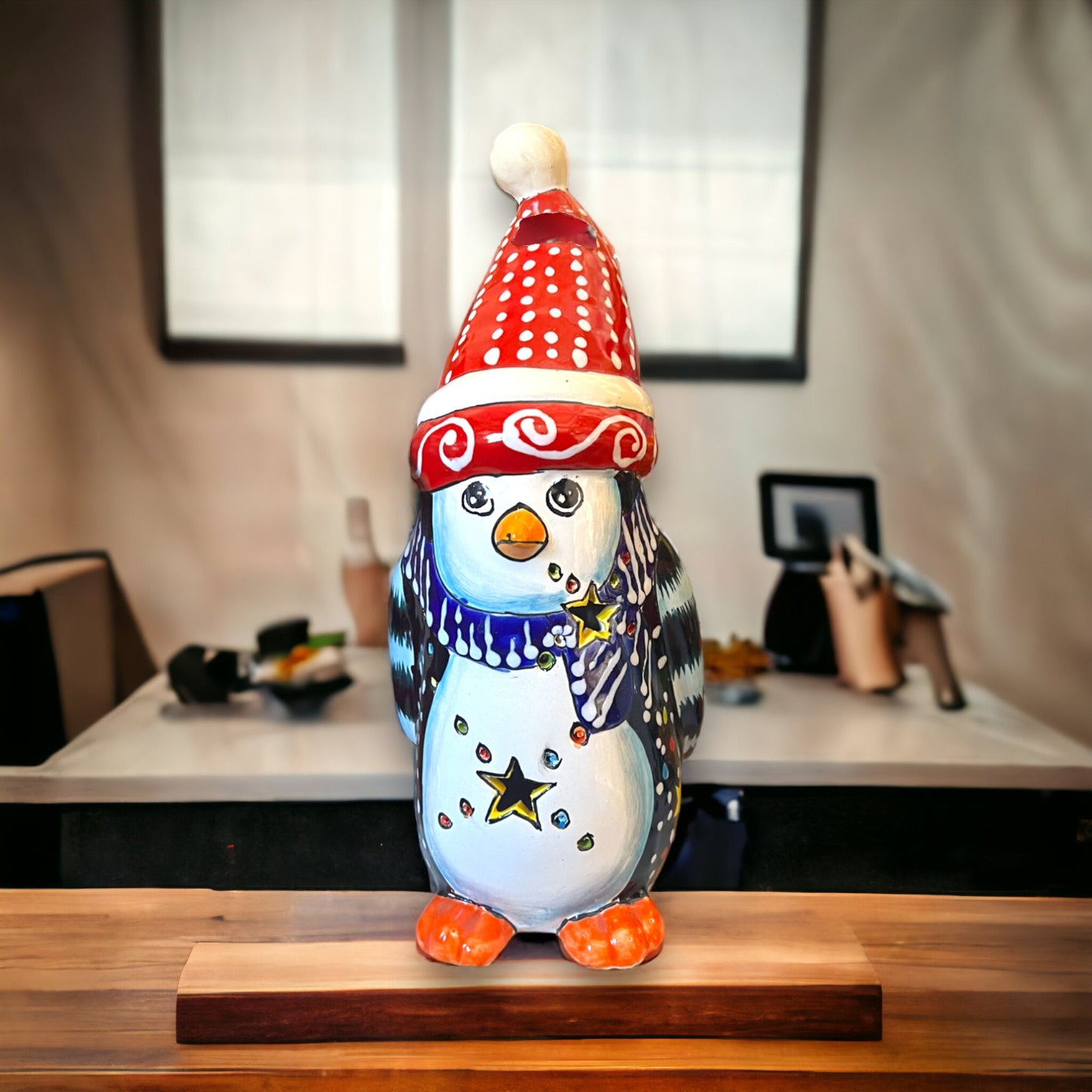 Hand-Painted Talavera Penguin Statue | Festive Christmas Decor (Medium)