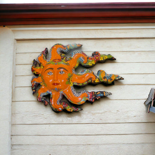 Vibrant Talavera Sun Face Wall Art | Handmade Mexican Ceramic (17"x22")