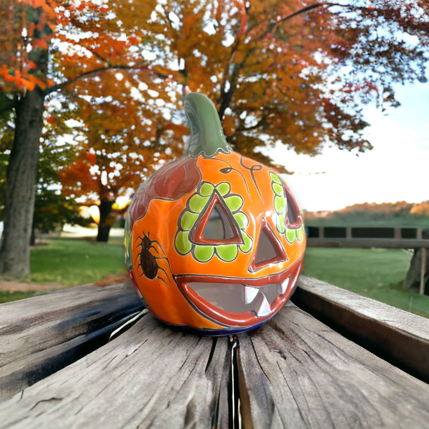 Colorful Talavera Pumpkin - Handmade Mexican Jack-o'-Lantern