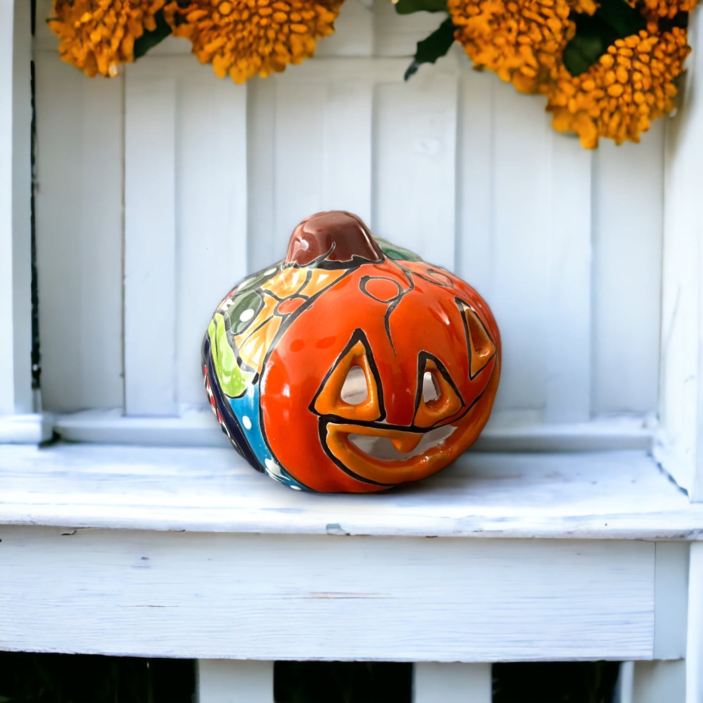 Colorful Talavera Pumpkin - Handmade Mexican Jack-o'-Lantern