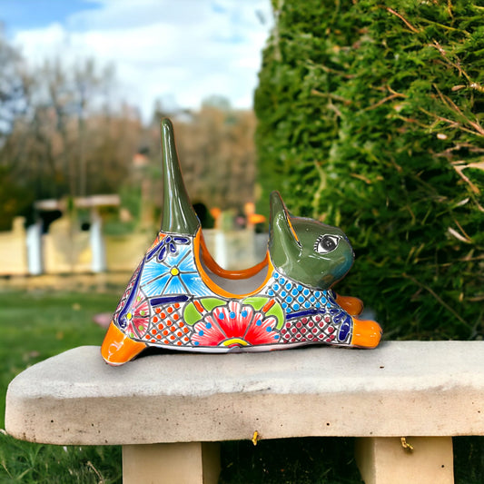 Colorful Talavera Stretching Cat Planter | Small Handcrafted Animal Art