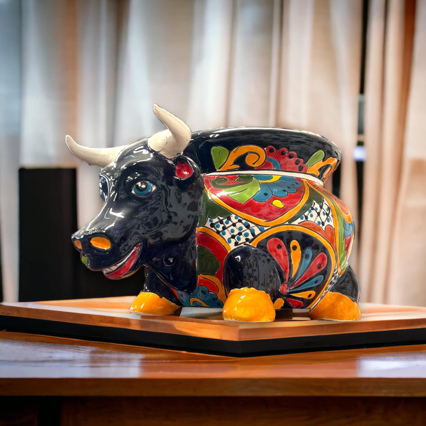 Colorful Talavera Bull Planter | Handcrafted Mexican Pottery (12" Wide)