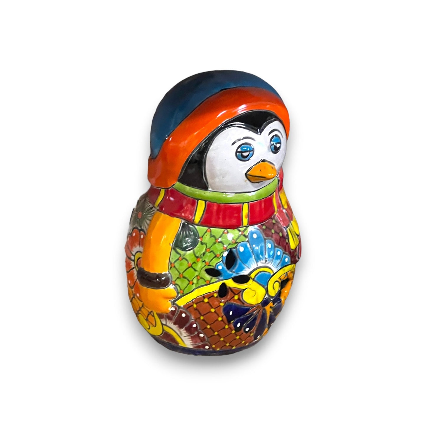 Hand-Painted Talavera Penguin Statue | Festive Christmas Decor (Medium)