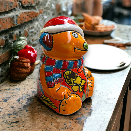 Hand-Painted Talavera Teddy Bear Statue | Festive Christmas Decor (Medium Size)